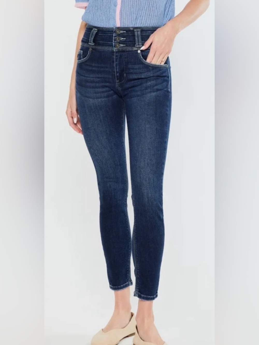 KanCan High-Rise Dark Blue Skinny Jeans with Triple Button Waist